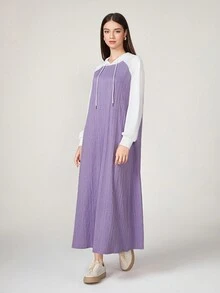 Mulvari Two Tone Raglan Sleeve Drawstring Hooded Dress - Purple - View 4