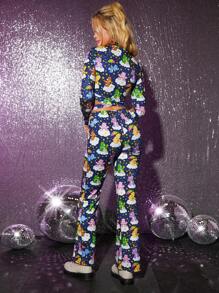 SHEIN X Care Bears 卡通圖案小高領短款 T 恤和褲子