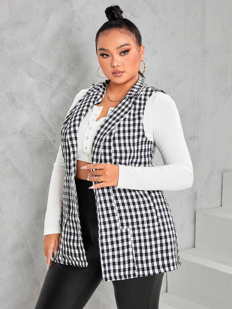 Plus Plaid Print Vest Overcoat Without Belt