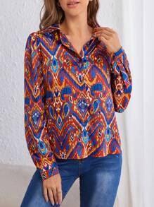 SHEIN Frenchy In Địa lý Nút phía trước Áo sơ mi - Màu xanh lam - Xem 3