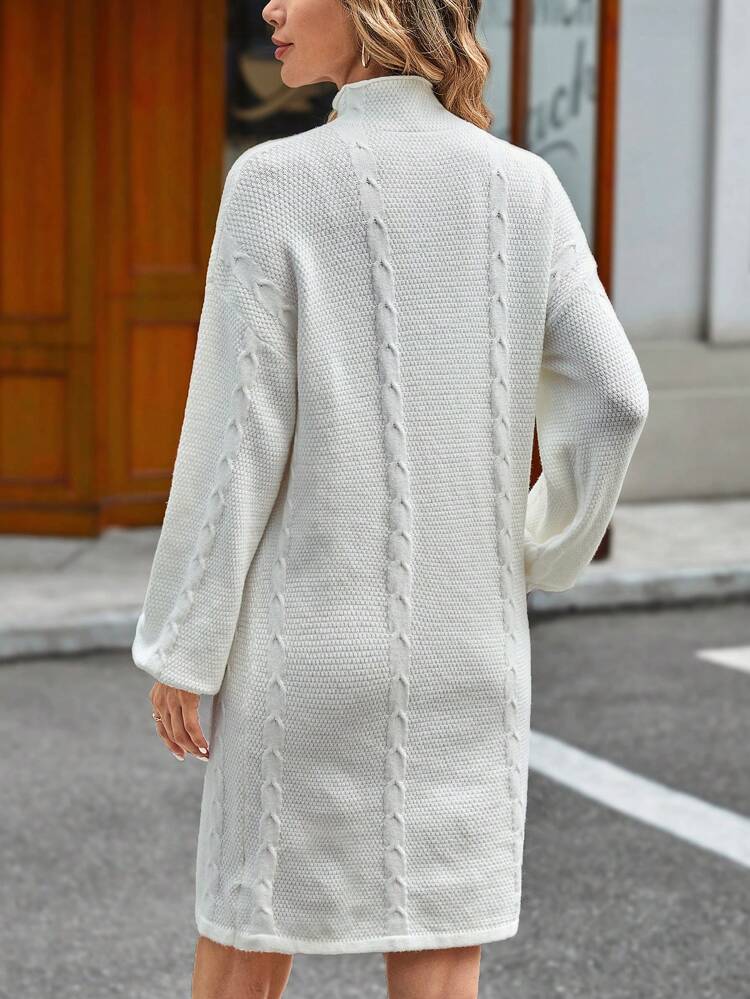 Mock Neck Drop Shoulder Cable Knit Sweater Dress
