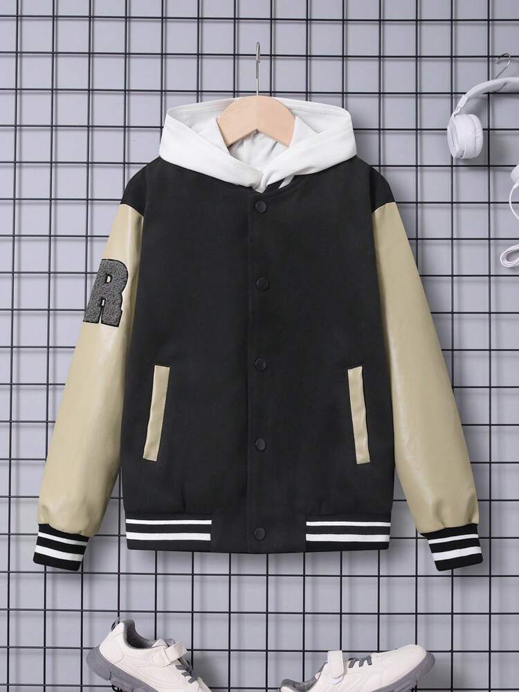 Tween Boy Figure & Letter Graphic & Patched Detail Two Tone Varsity Jacket Without Hoodie