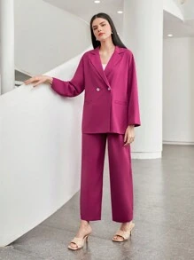Seusyu Lapel Neck Double Button Blazer & Pants - Hot Pink - View 3