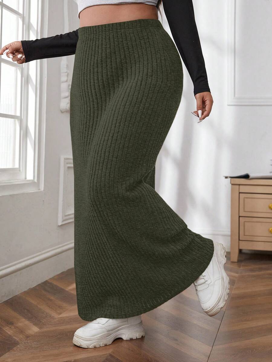 Flirla Plus Solid Ribbed Knit Maxi Skirt - Army Green - View 1