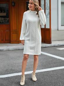 EMERY ROSE 小高領落肩袖麻花編織毛衣洋裝 - 白色 - 查看 3