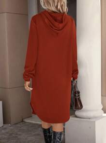 SHEIN LUNE Solid Drawstring Hooded Split Hem Sweatshirt Dress,Long Sleeve Tops In Fall/Winter - Rust Brown - View 2