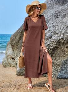 SHEIN LUNE Solid Split Thigh Tee Dress - Brown - View 5