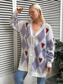 EURMUSE Argyle Pattern Drop Shoulder Button Front Cardigan - White - View 3