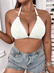 SHEIN Swim Curve Talla grande Top bikini halter vinculado con aro de espalda abierta con cordón - Beis - Ver 5