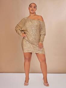 SHEIN BAE Christmas Plus Asymmetrical Neck Batwing Sleeve Sequin Dress