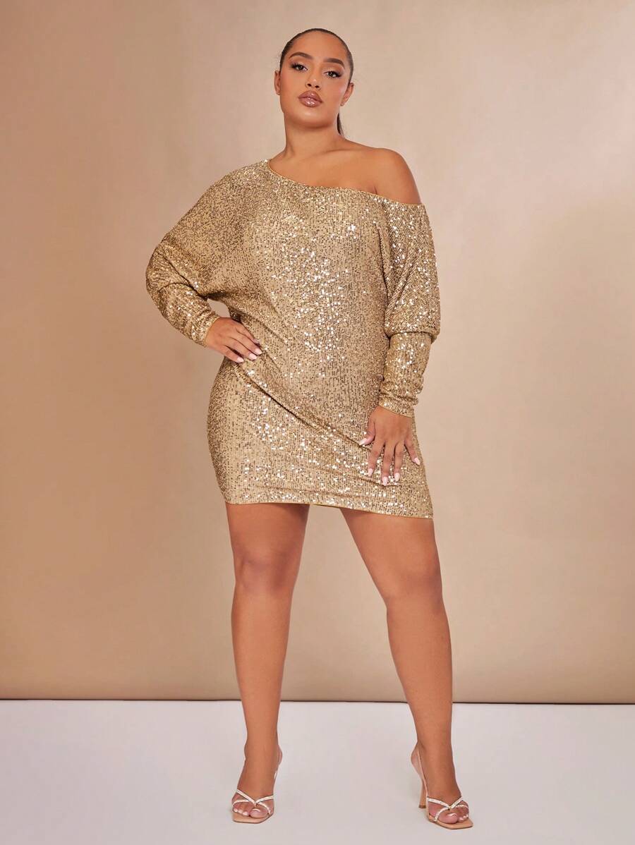 SHEIN BAE Christmas Plus Asymmetrical Neck Batwing Sleeve Sequin Dress