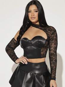 SHEIN BAE 不對稱領蕾絲拼接露肩短上衣 - 黑色 - 查看 3