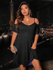 Plus Cold Shoulder Glitter Dress - Black - View 4