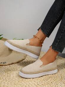 新品到貨女性透氣漁夫鞋,一腳蹬風格,厚下裝,編織草編和亚麻,休閒鞋 - 米色 - 查看 4