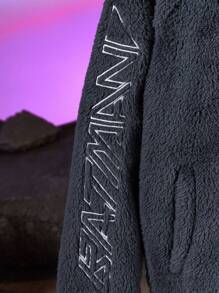 BATMAN X SHEIN Tween Boy Letter Embroidery Contrast Binding Fluffy Coat - Dark Grey - View 5