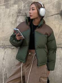 DAZY Two Tone Zip Up Puffer Thick Shacket Coat - MultiWarna - View 5