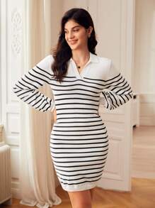 SHEIN Frenchy Striped Pattern Lantern Sleeve Sweater Dress Winter White Casual - White - View 3