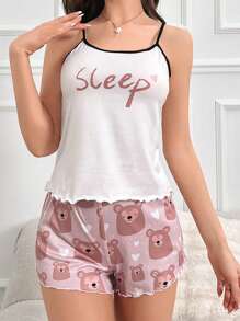 Bear & Letter Graphic Contrast Binding Cami Top & Shorts PJ Set - Multicolor - View 4