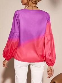 SHEIN LUNE In Ombre Tay áo lồng đèn Nút phía trước Áo sơ mi - Màu tím - Xem 2