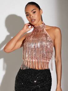 SHEIN BAE Women's Sleeveless Tank Top For Summer With Tassel And Sparkly Sequins - Pink - View 1