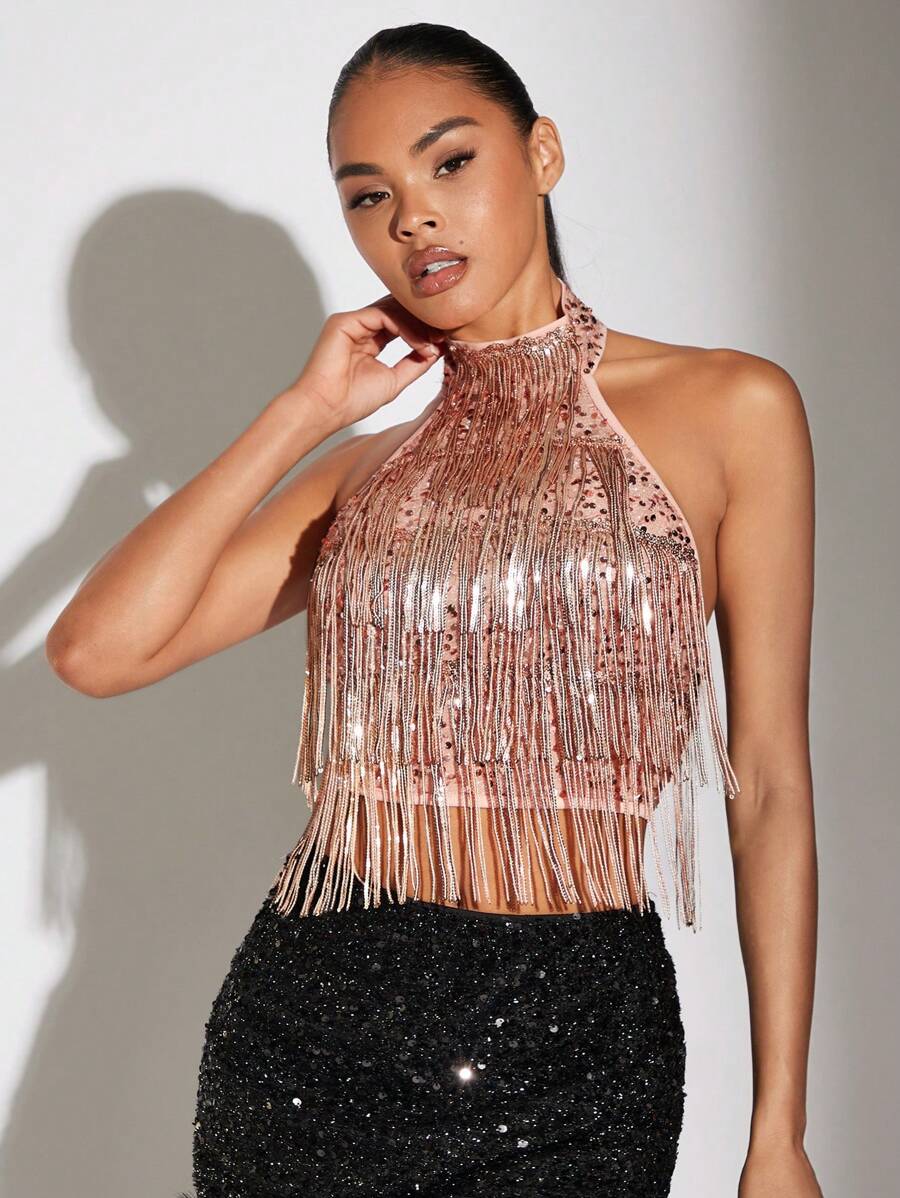 SHEIN BAE Women's Sleeveless Tank Top For Summer With Tassel And Sparkly Sequins - Pink - View 1