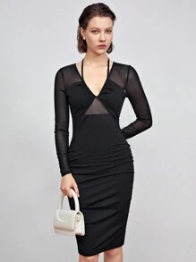 BizChic Contrast Mesh Ruched Bodycon Dress