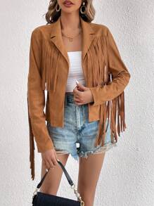 SHEIN Tall Fringe Trim Open Front Suedette Jacket - Khaki - View 3