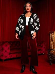 SHEIN SXY Áo khoác cardigan hở vai họa tiết đầu lâu cỡ lớn - màu đen - Xem 1