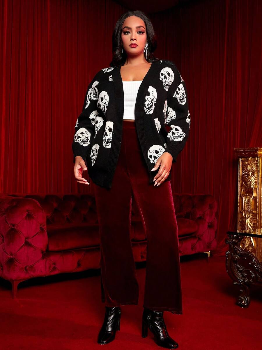 SHEIN SXY Áo khoác cardigan hở vai họa tiết đầu lâu cỡ lớn - màu đen - Xem 1