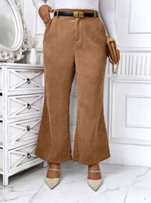 SHEIN Unity Plus Size Women's Casual Business Commute Versatile Corduroy Flare Leg Pants, Autumn (Belt Not Included) - Brown - View 7