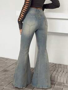 SHEIN ICON 毛邊下擺喇叭牛仔褲（無腰帶） - 中等水洗藍 - 查看 6