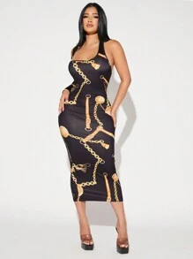 SHEIN SXY Vestido ajustado con estampado de cadena de cuello asimétrico - Multicolor - Ver 1