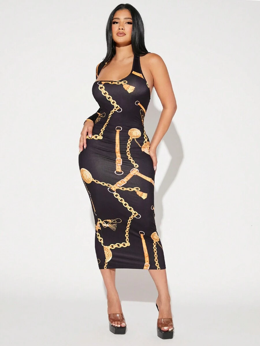 SHEIN SXY Vestido ajustado con estampado de cadena de cuello asimétrico - Multicolor - Ver 1