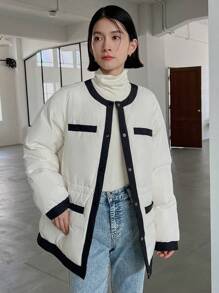 DAZY Contrast Trim Drop Shoulder Puffer Thick Pockets Coat Jacket Winter - White - View 1