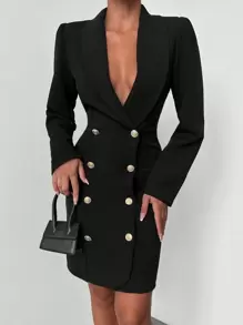 EURMUSE Shawl Collar Double Breasted Blazer Dress - Black - View 1