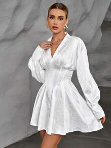 SHEIN Privé Jacquard Drop Shoulder Fold Pleated Detail Shirt Dress - White - View 3