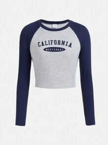 少女編織拼接印花圓領長套Raglan袖T卹