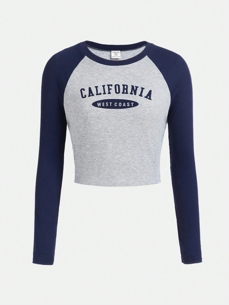 少女編織拼接印花圓領長套Raglan袖T卹