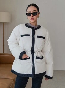 DAZY Contrast Trim Drop Shoulder Puffer Thick Pockets Coat Jacket Winter - White - View 11