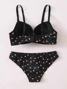 مجموعة لانجري مكونة من قطعتين: حمّالة صدر بسلك وسروال داخلي مزين بطبعات الزهور - الأسود - مشاهدة 2