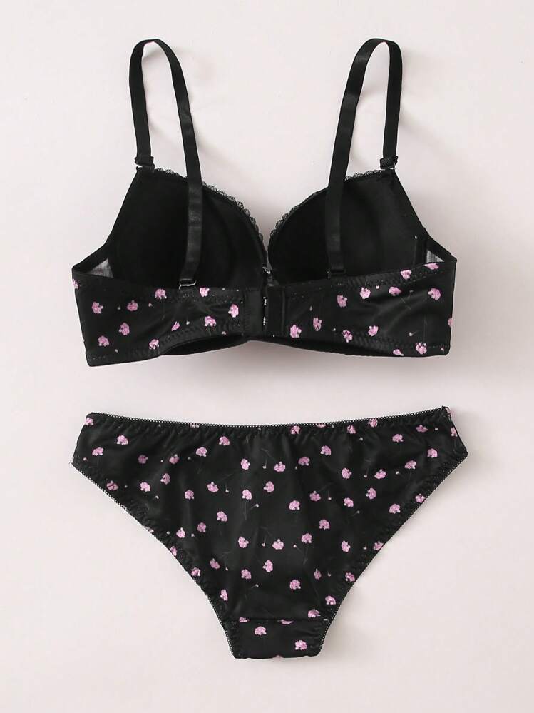 مجموعة لانجري مكونة من قطعتين: حمّالة صدر بسلك وسروال داخلي مزين بطبعات الزهور - الأسود - مشاهدة 2