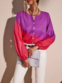 SHEIN LUNE In Ombre Tay áo lồng đèn Nút phía trước Áo sơ mi - Màu tím - Xem 6