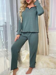 Contrast Binding Notched Neckline Lettuce Trim Lounge Set - Army Green - View 5