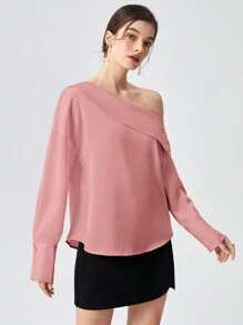 BizChic Solid Button Detail Asymmetrical Neck Blouse
