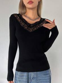 DAZY 撞色蕾丝罗纹针织毛衣秋季 - 黑色 - 查看 4