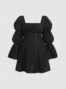 SHEIN MOD Plus Square Neck Flare Sleeve Ruched Bust Dress