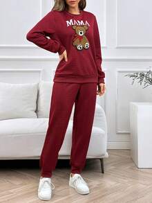 Bear And Letter Graphic Sweatshirt & Sweatpants - Burgundy - View 5
