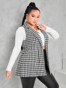 SHEIN Unity معطف صديري طباعة مربع النقش بدون حزام مقاس كبير - أبيض وأسود - مشاهدة 4