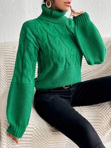 SHEIN Essnce Turtleneck Cable Knit Drop Shoulder Sweater - Green - View 3