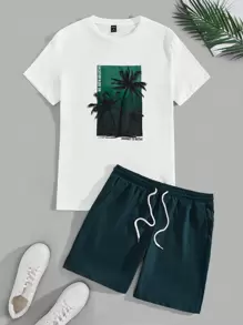 Manfinity VCAY Uomo lettere con stampa tropicale Maglietta & con coulisse a vita Shorts